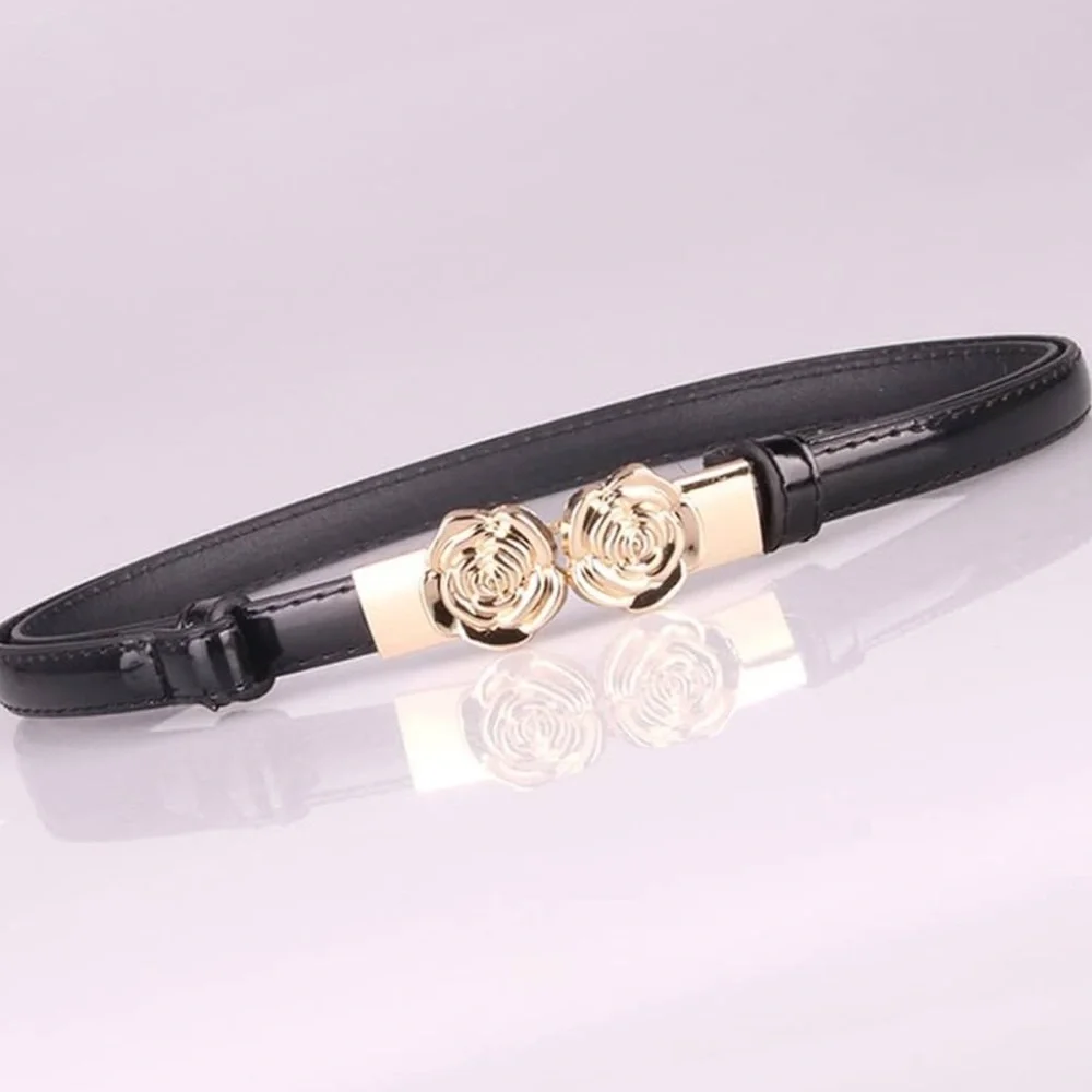 NEW| Women’s Black Vintage Rose Buckle Matte Skinny Belt - Picture 2 of 6